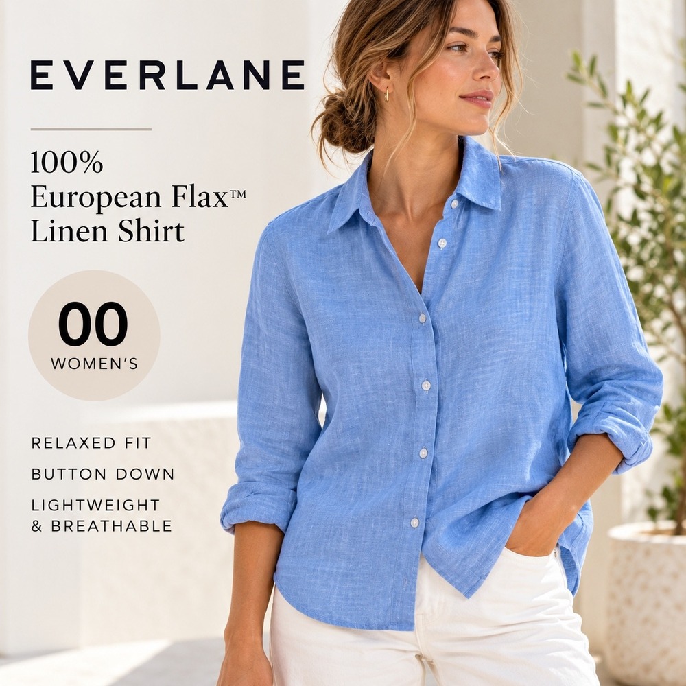 Everlane Button Down Shirt Women 00 Blue 100% Flax Linen Long Sleeve Relaxed Top